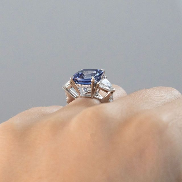 6.90 Carat Natural Cushion Blue Sapphire Trilogy Engagement Ring in Platinum - Bespoke