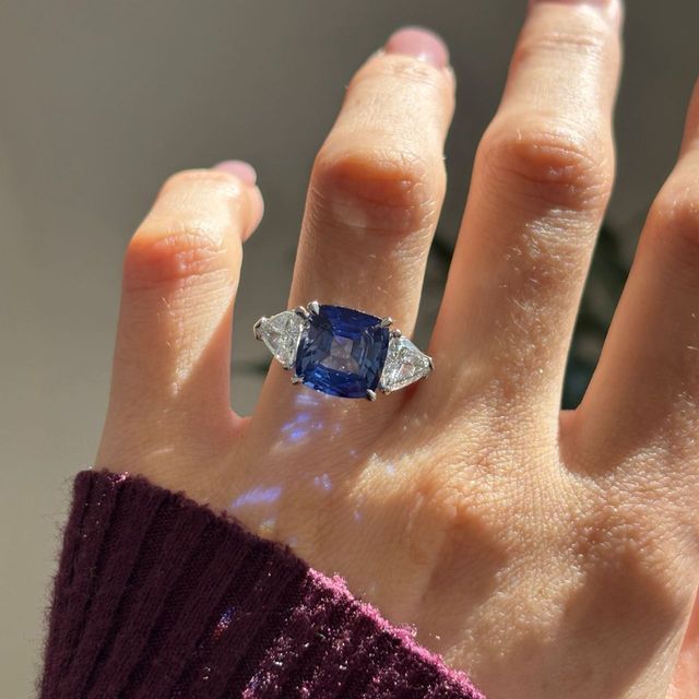 6.90 Carat Natural Cushion Blue Sapphire Trilogy Engagement Ring in Platinum - Bespoke