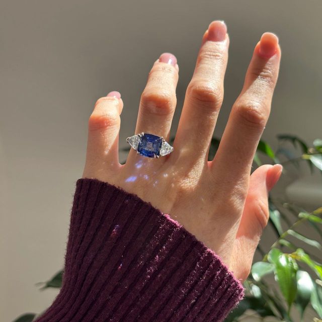 6.90 Carat Natural Cushion Blue Sapphire Trilogy Engagement Ring in Platinum - Bespoke