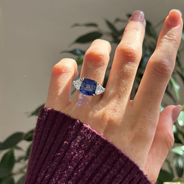 6.90 Carat Natural Cushion Blue Sapphire Trilogy Engagement Ring in Platinum - Bespoke
