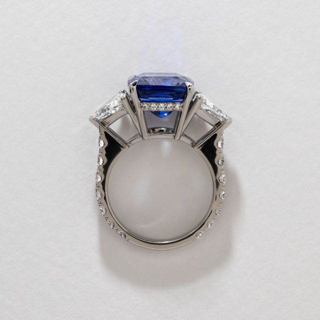 6.90 Carat Natural Cushion Blue Sapphire Trilogy Engagement Ring in Platinum - Bespoke