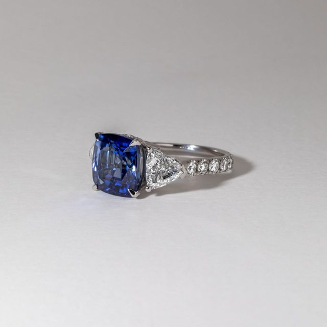6.90 Carat Natural Cushion Blue Sapphire Trilogy Engagement Ring in Platinum - Bespoke