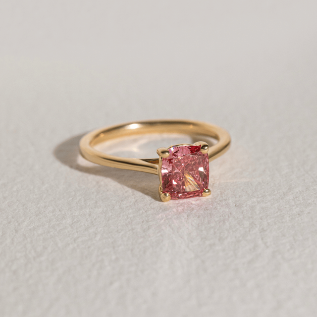 1.40 Carat Lab Grown Cushion Pink Diamond Solitaire Engagement Ring in Yellow Gold - Serena