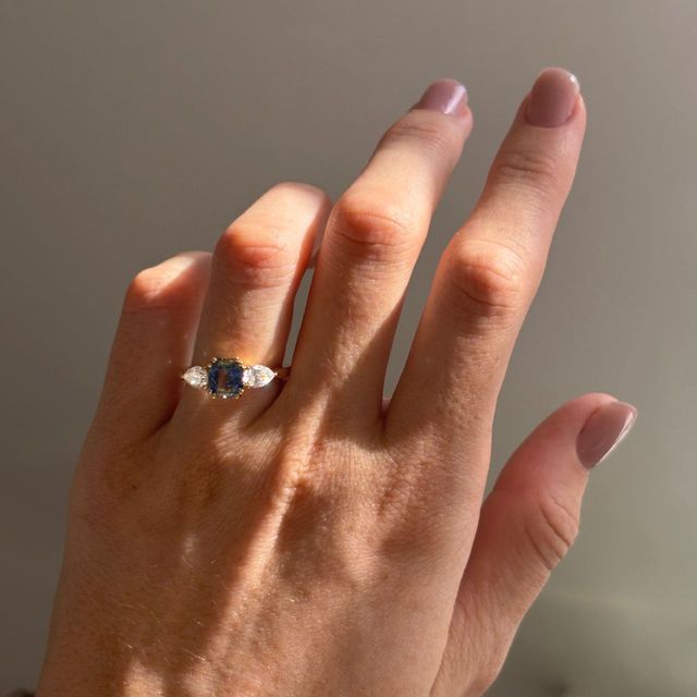 1.74 Carat Natural Cushion Teal Sapphire Trilogy Engagement Ring in Yellow Gold - Nimi