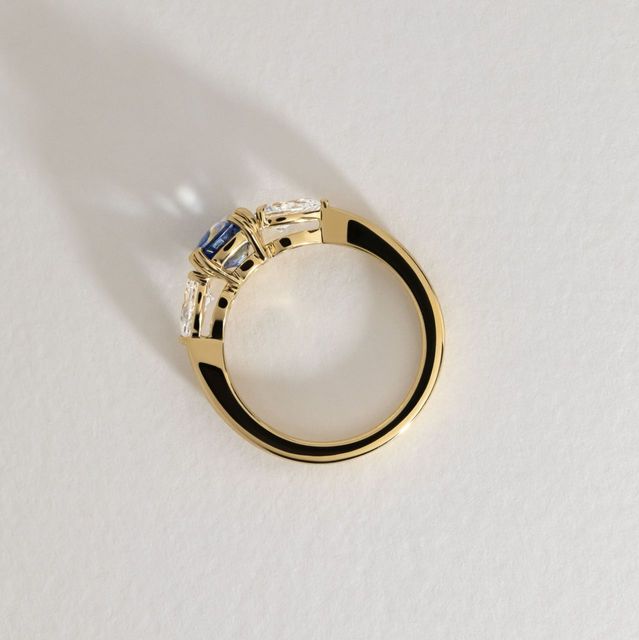1.74 Carat Natural Cushion Teal Sapphire Trilogy Engagement Ring in Yellow Gold - Nimi