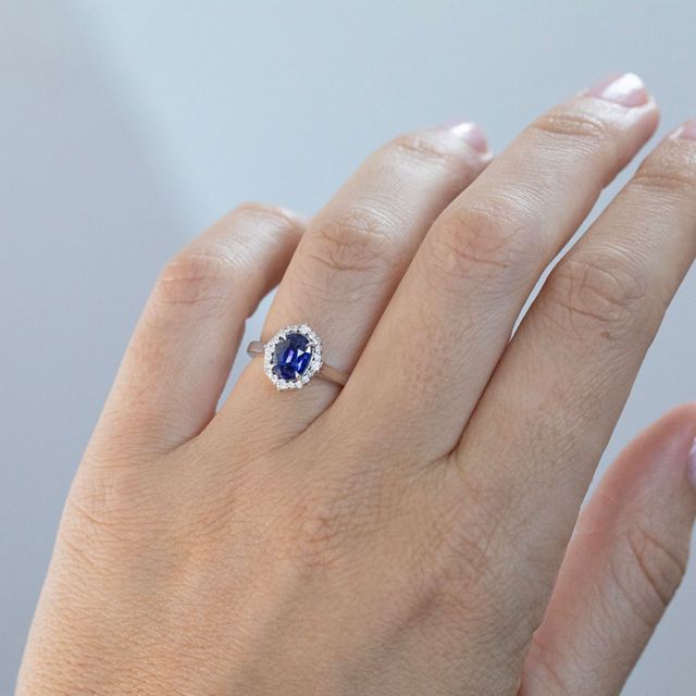 1.54 Carat Natural Elongated Cushion Blue Sapphire Halo Engagement Ring in Platinum - Bespoke