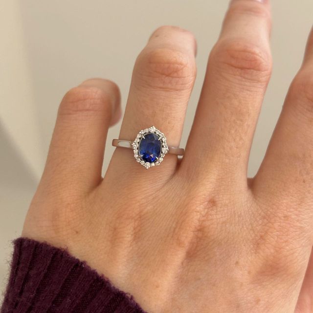 1.54 Carat Natural Elongated Cushion Blue Sapphire Halo Engagement Ring in Platinum - Bespoke