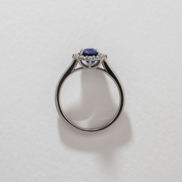 1.54 Carat Natural Elongated Cushion Blue Sapphire Halo Engagement Ring in Platinum - Bespoke