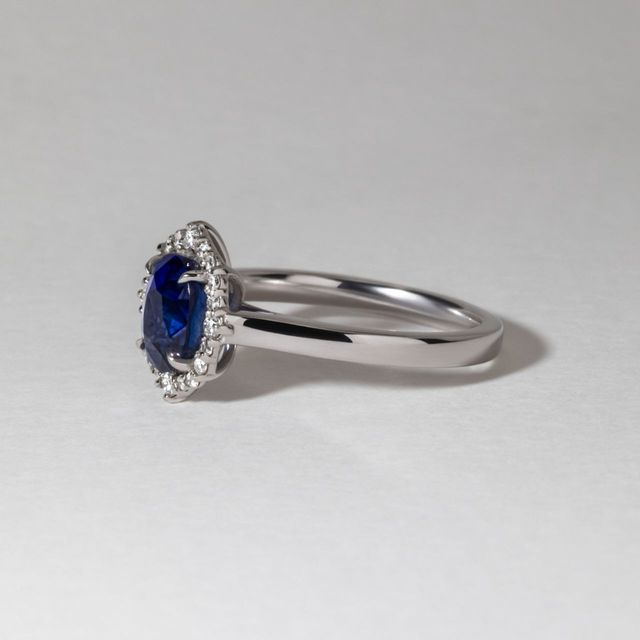 1.54 Carat Natural Elongated Cushion Blue Sapphire Halo Engagement Ring in Platinum - Bespoke