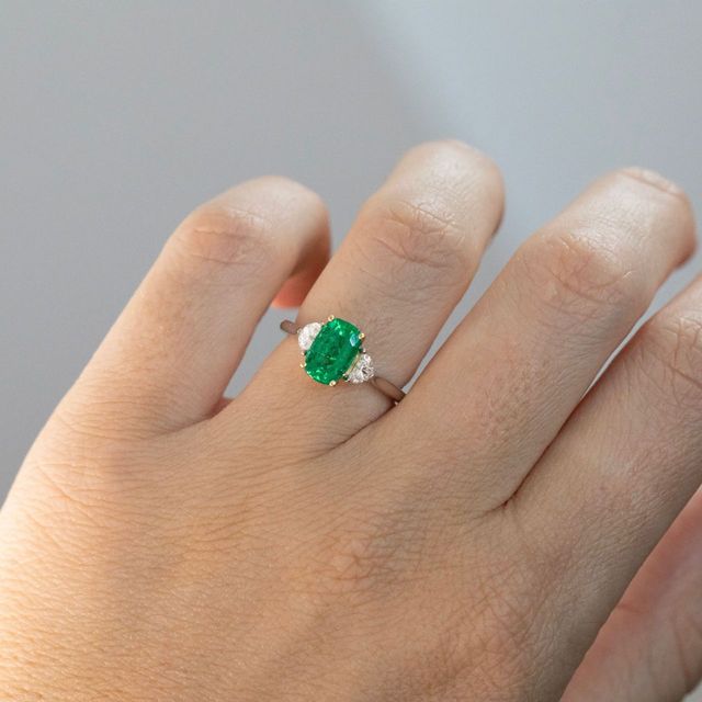 1.52 Carat Natural Elongated Cushion Green Emerald Trilogy Engagement Ring in Two Tone - Moonlight
