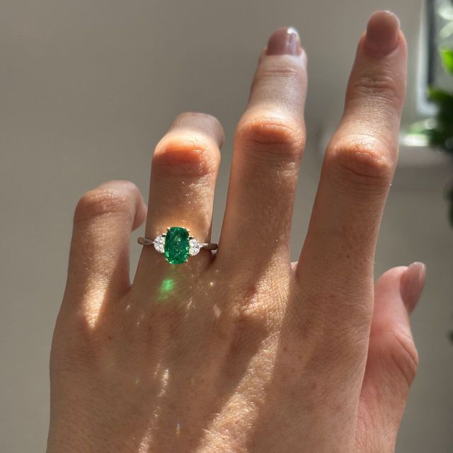 1.52 Carat Natural Elongated Cushion Green Emerald Trilogy Engagement Ring in Two Tone - Moonlight