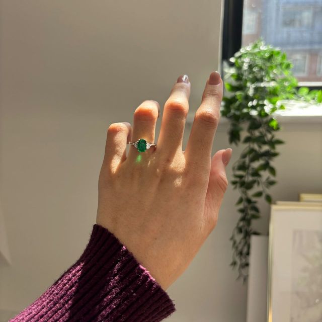 1.52 Carat Natural Elongated Cushion Green Emerald Trilogy Engagement Ring in Two Tone - Moonlight