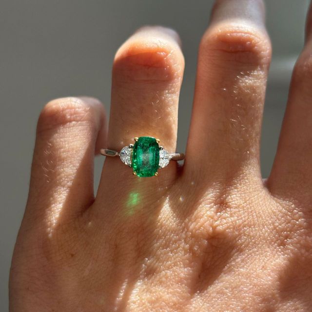 1.52 Carat Natural Elongated Cushion Green Emerald Trilogy Engagement Ring in Two Tone - Moonlight