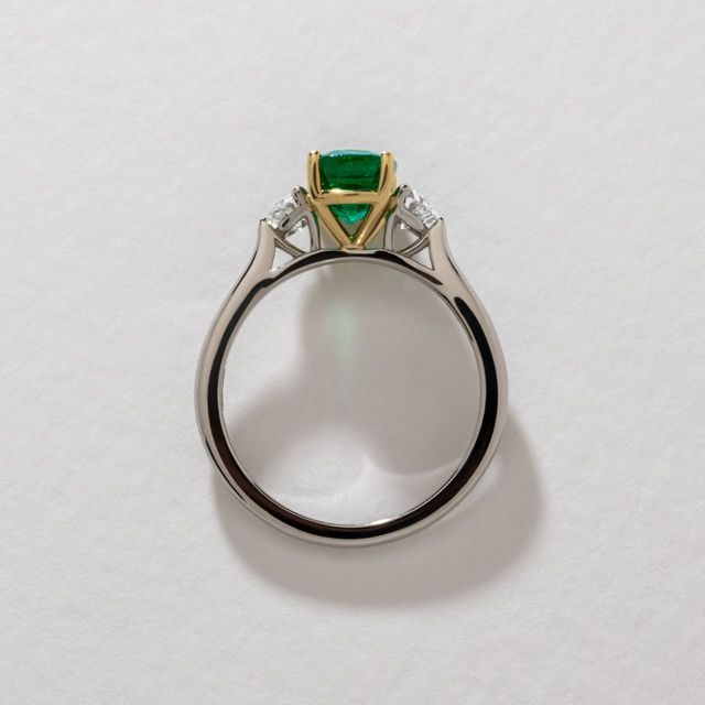 1.52 Carat Natural Elongated Cushion Green Emerald Trilogy Engagement Ring in Two Tone - Moonlight