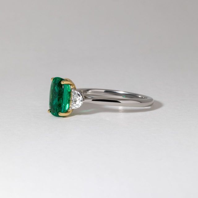 1.52 Carat Natural Elongated Cushion Green Emerald Trilogy Engagement Ring in Two Tone - Moonlight