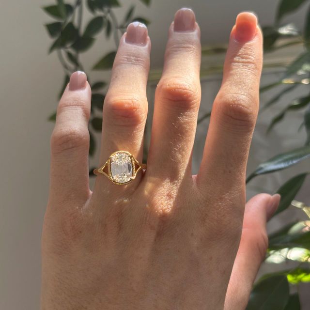 3 Carat Lab Grown Elongated Cushion Diamond Split Shank Engagement Ring in Yellow Gold