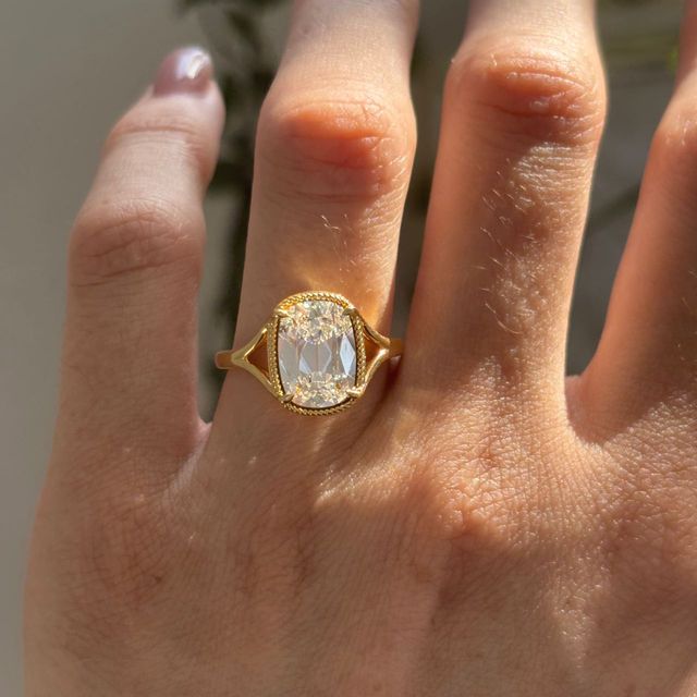3 Carat Lab Grown Elongated Cushion Diamond Split Shank Engagement Ring in Yellow Gold