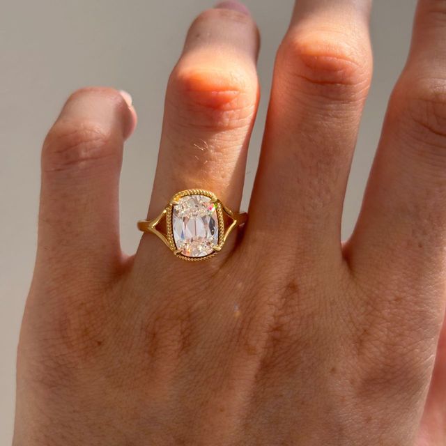 3 Carat Lab Grown Elongated Cushion Diamond Split Shank Engagement Ring in Yellow Gold