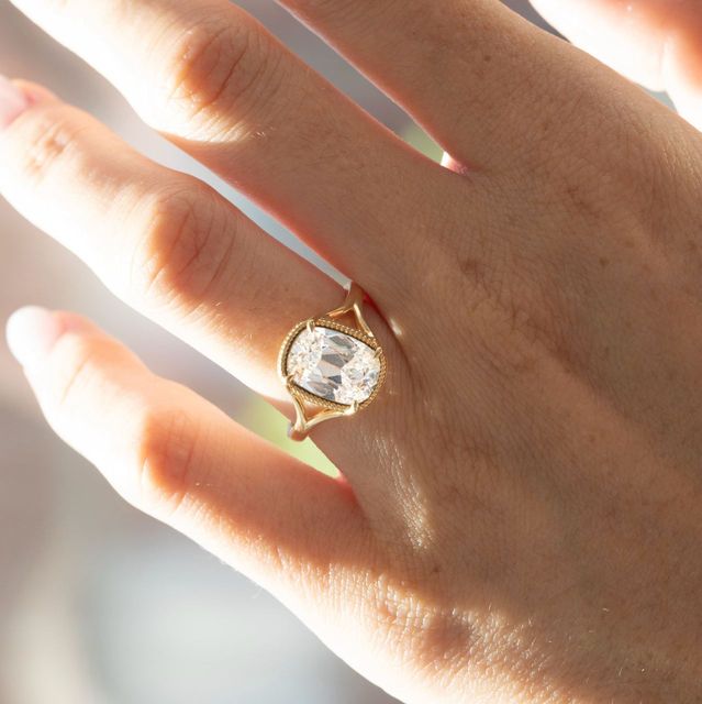3 Carat Lab Grown Elongated Cushion Diamond Split Shank Engagement Ring in Yellow Gold