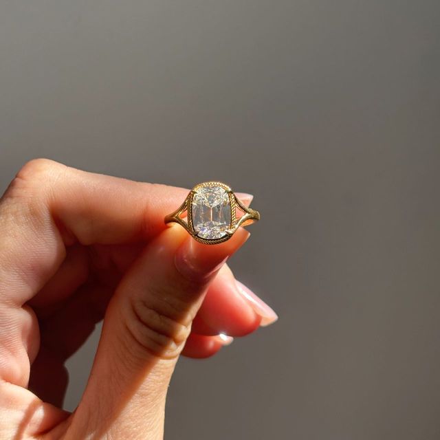 3 Carat Lab Grown Elongated Cushion Diamond Split Shank Engagement Ring in Yellow Gold