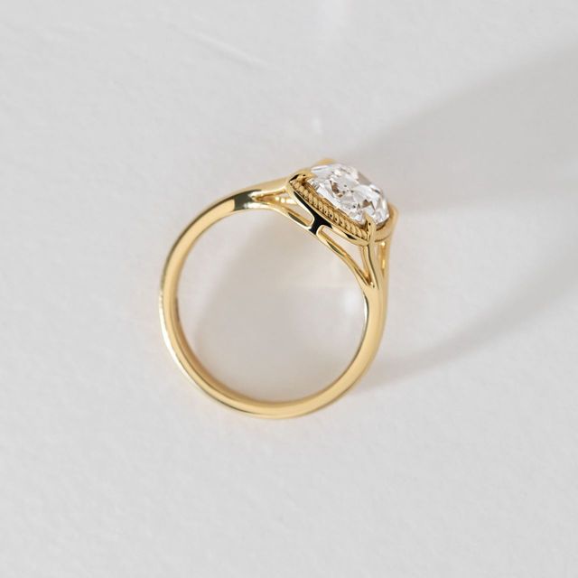 3 Carat Lab Grown Elongated Cushion Diamond Split Shank Engagement Ring in Yellow Gold