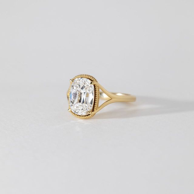3 Carat Lab Grown Elongated Cushion Diamond Split Shank Engagement Ring in Yellow Gold