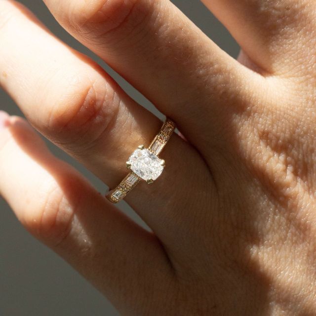 0.80ct Carat Lab Grown Elongated Cushion Diamond Vintage Engagement Ring in 14k Yellow Gold - Bespoke