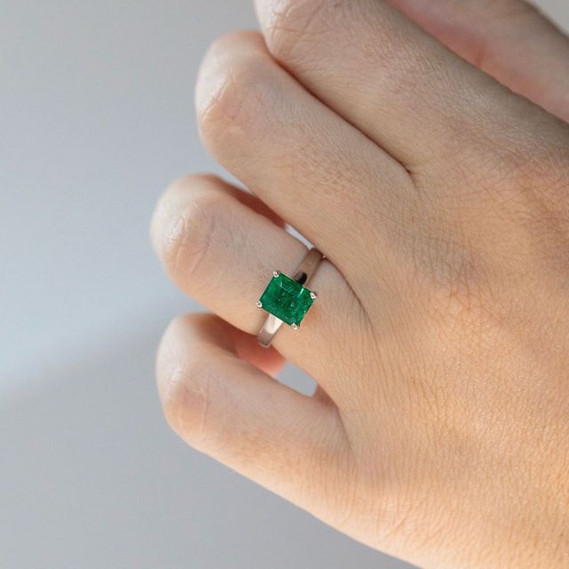 1.87 Carat Natural Emerald Cut Green Emerald Solitaire Engagement Ring in Platinum - Bespoke