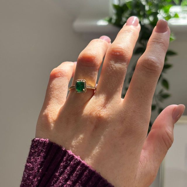 0.98 Carat Natural Emerald Cut Green Emerald Grain Set Halo Engagement Ring in Yellow Gold