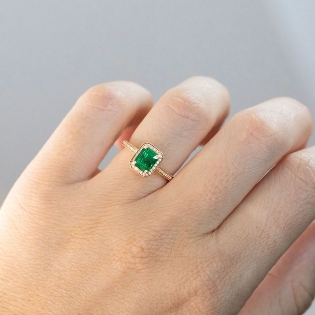 0.98 Carat Natural Emerald Cut Green Emerald Grain Set Halo Engagement Ring in Yellow Gold