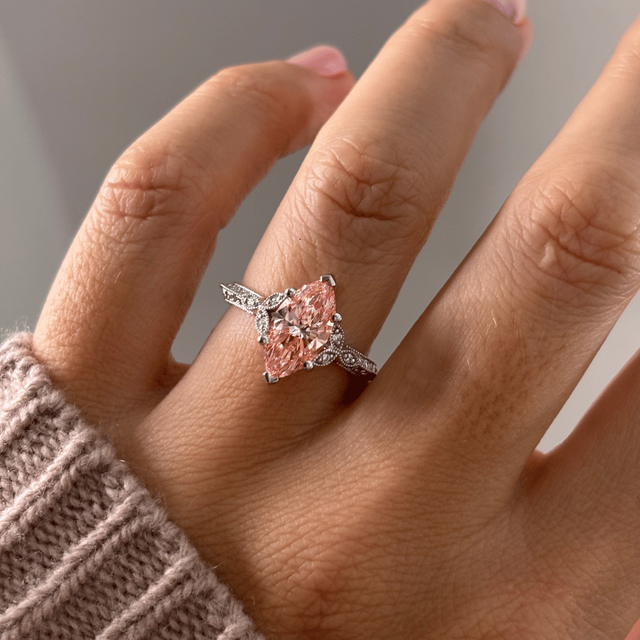 2.10 Carat Marquise Pink Diamond Grain Set Vintage Engagement Ring in Platinum - Feis