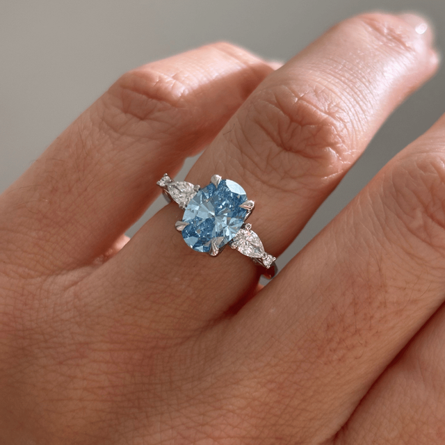 2 Carat Lab Grown Oval Blue Diamond Trilogy Engagement Ring in Platinum - Bespoke