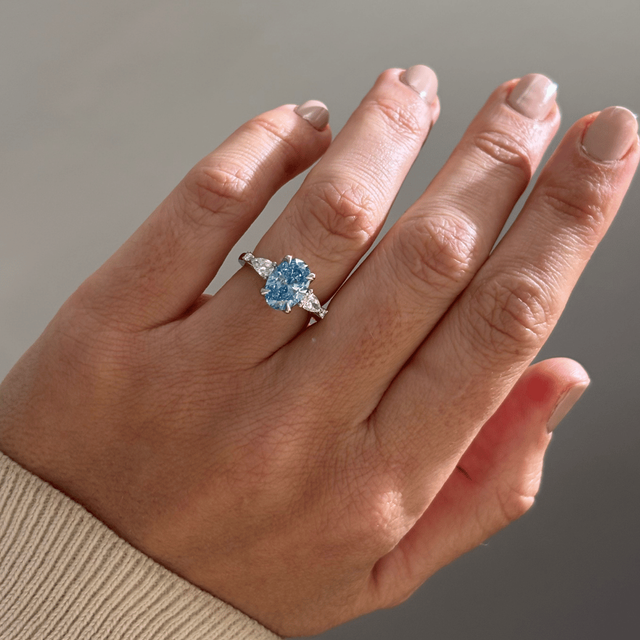 2 Carat Lab Grown Oval Blue Diamond Trilogy Engagement Ring in Platinum - Bespoke
