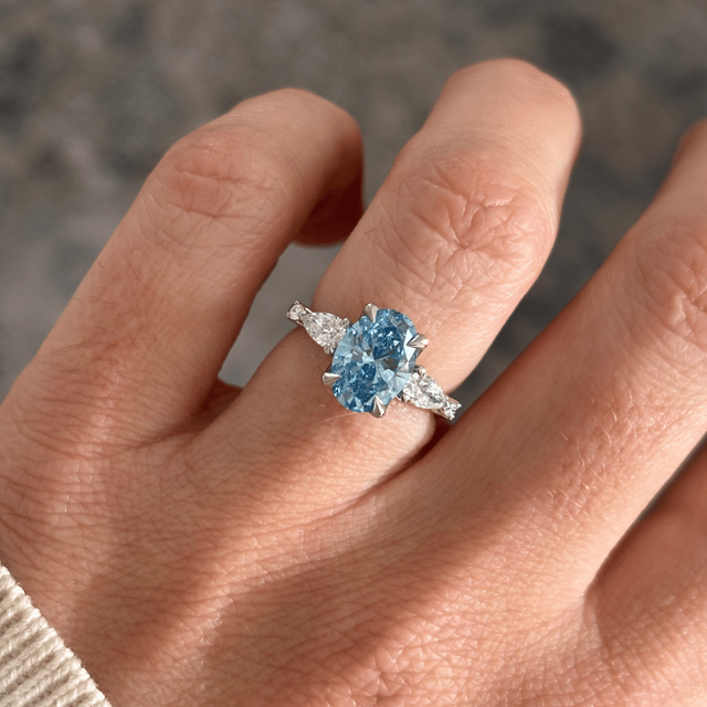 2 Carat Lab Grown Oval Blue Diamond Trilogy Engagement Ring in Platinum - Bespoke