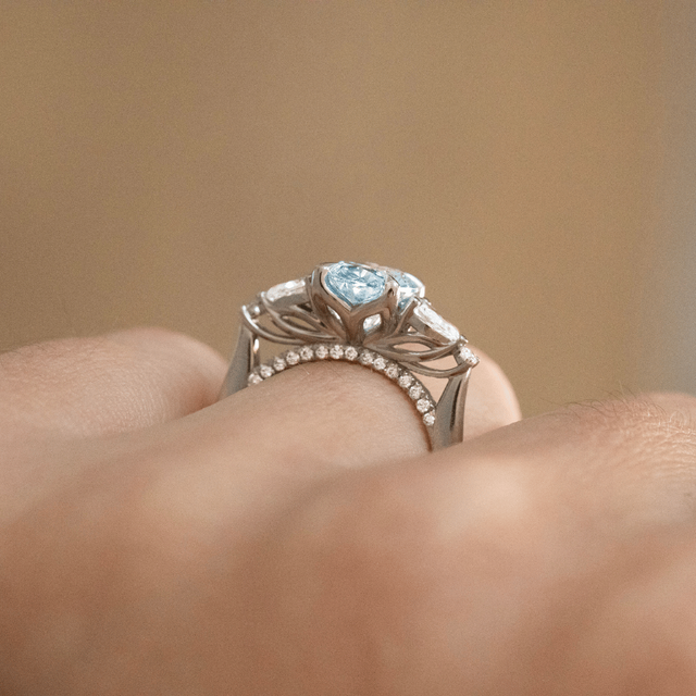 2 Carat Lab Grown Oval Blue Diamond Trilogy Engagement Ring in Platinum - Bespoke