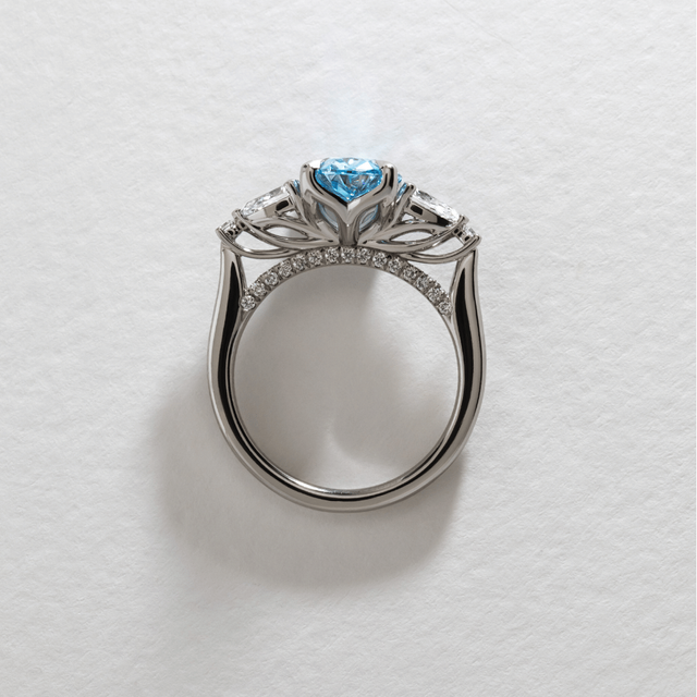 2 Carat Lab Grown Oval Blue Diamond Trilogy Engagement Ring in Platinum - Bespoke