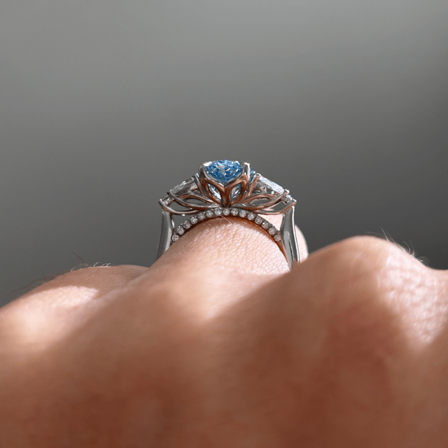 2 Carat Lab Grown Oval Blue Diamond Trilogy Engagement Ring in Platinum - Bespoke