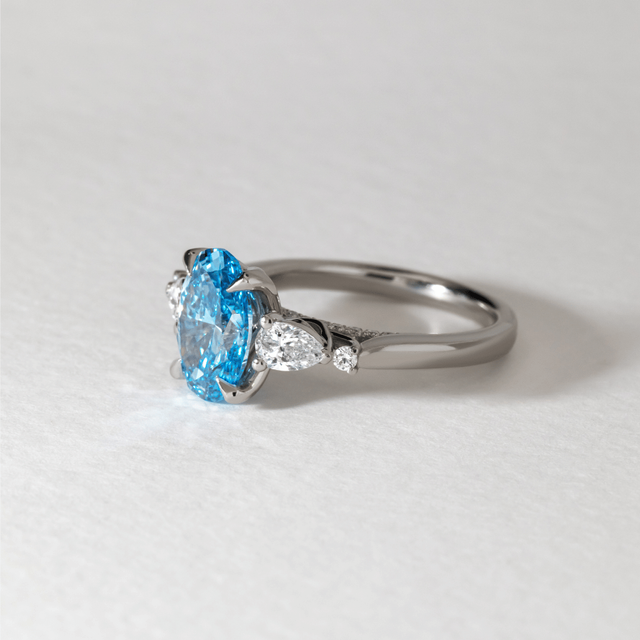 2 Carat Lab Grown Oval Blue Diamond Trilogy Engagement Ring in Platinum - Bespoke