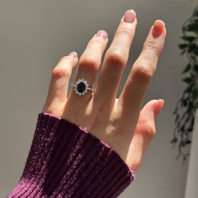 1.40 Carat Natural Oval Blue Sapphire and Diamond Cluster Engagement Ring in White Gold - Bespoke