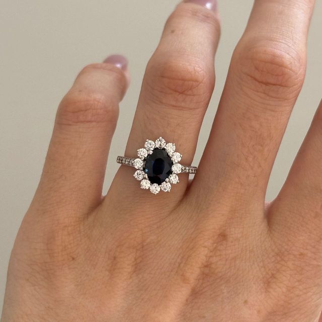 1.40 Carat Natural Oval Blue Sapphire and Diamond Cluster Engagement Ring in White Gold - Bespoke
