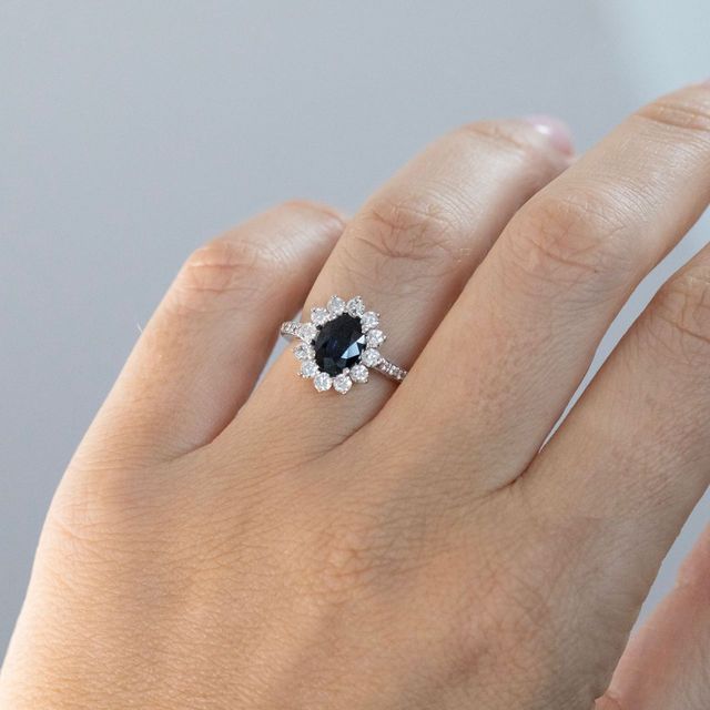 1.40 Carat Natural Oval Blue Sapphire and Diamond Cluster Engagement Ring in White Gold - Bespoke