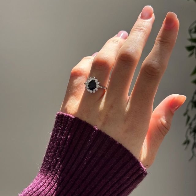 1.40 Carat Natural Oval Blue Sapphire and Diamond Cluster Engagement Ring in White Gold - Bespoke