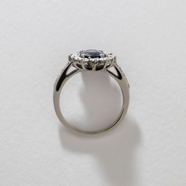 1.40 Carat Natural Oval Blue Sapphire and Diamond Cluster Engagement Ring in White Gold - Bespoke