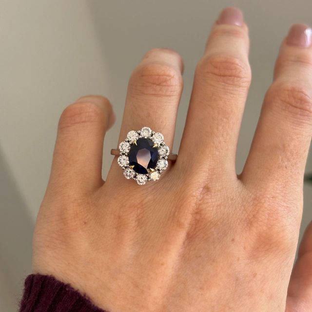 3.90 Carat Lab Grown Oval Blue Sapphire Cluster Engagement Ring in Two Tone - Marisol