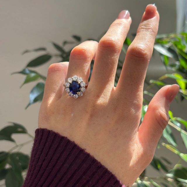 3.90 Carat Lab Grown Oval Blue Sapphire Cluster Engagement Ring in Two Tone - Marisol
