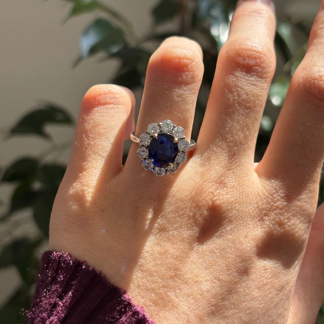 3.90 Carat Lab Grown Oval Blue Sapphire Cluster Engagement Ring in Two Tone - Marisol