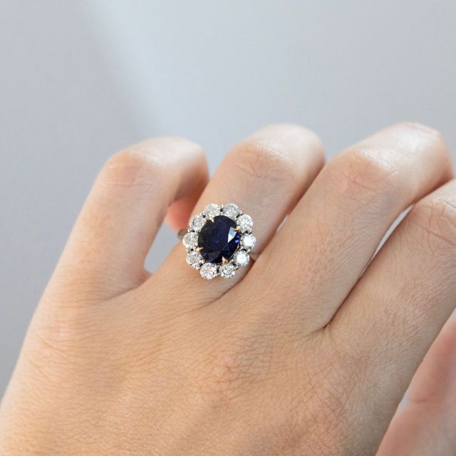 3.90 Carat Lab Grown Oval Blue Sapphire Cluster Engagement Ring in Two Tone - Marisol