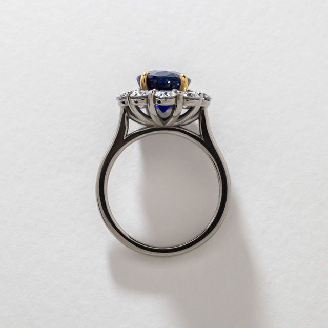 3.90 Carat Lab Grown Oval Blue Sapphire Cluster Engagement Ring in Two Tone - Marisol