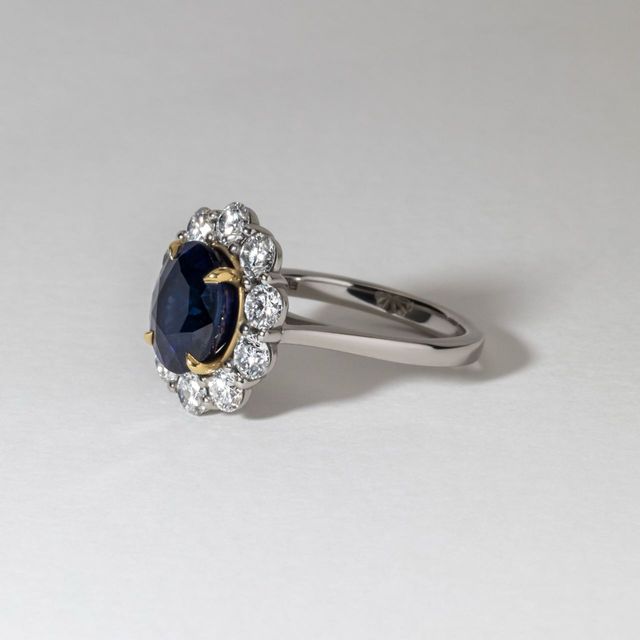 3.90 Carat Lab Grown Oval Blue Sapphire Cluster Engagement Ring in Two Tone - Marisol