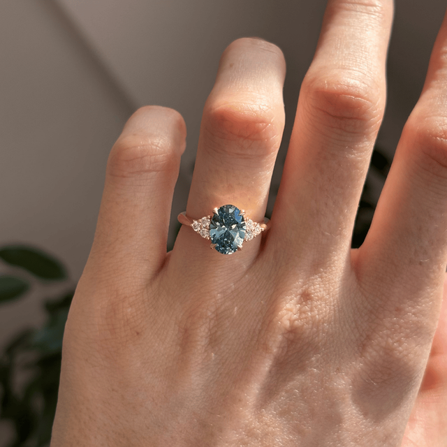 1.90 Carat Lab Grown Oval Blue Diamond Cluster Engagement Ring in Yellow Gold - Isabella